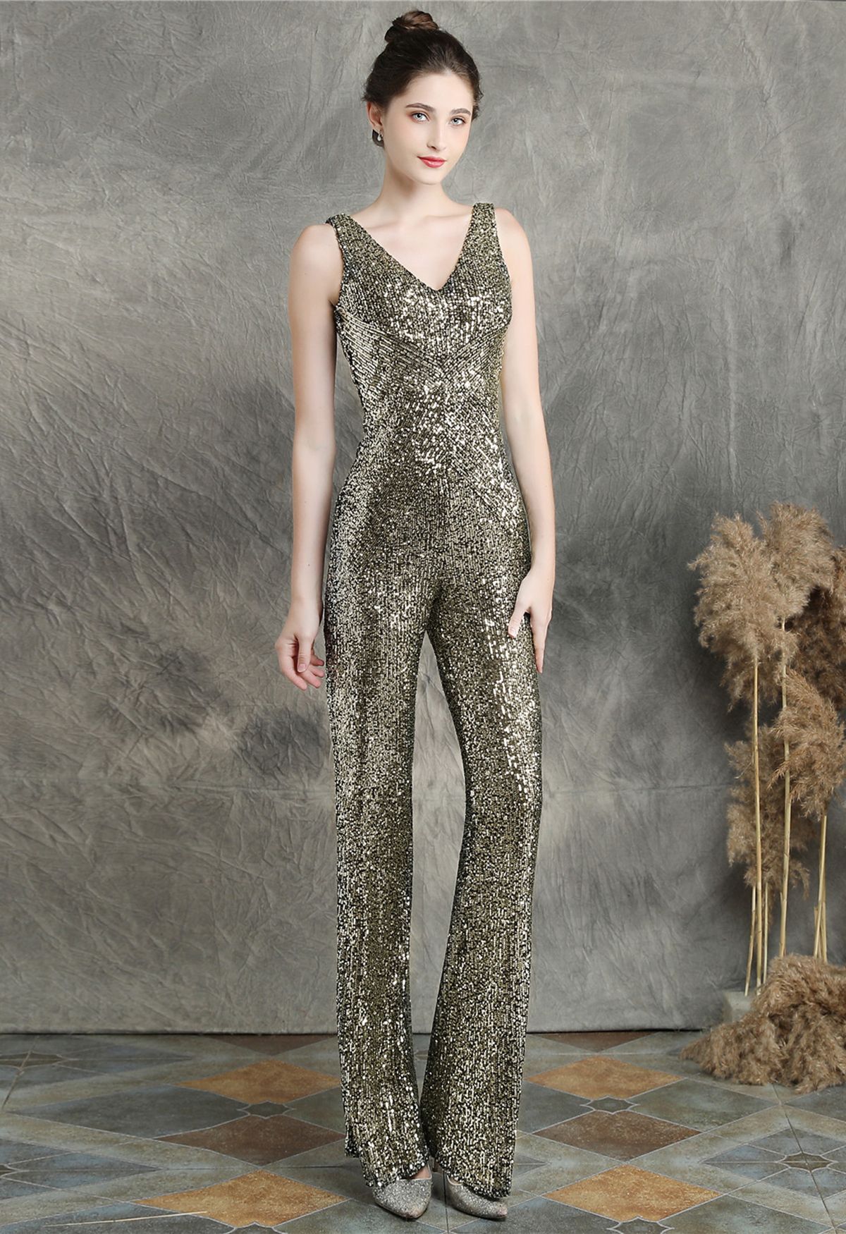 V-Neck Glitter Sequin Jumpsuit in Gold