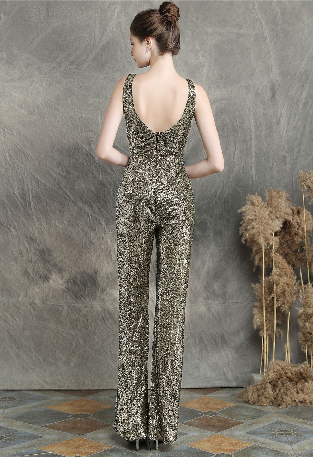 V-Neck Glitter Sequin Jumpsuit in Gold