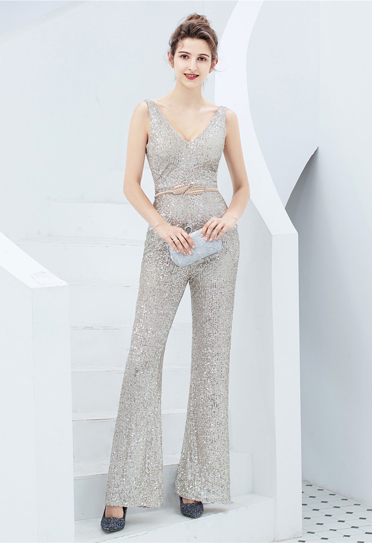 V-Neck Glitter Sequin Jumpsuit in Silver