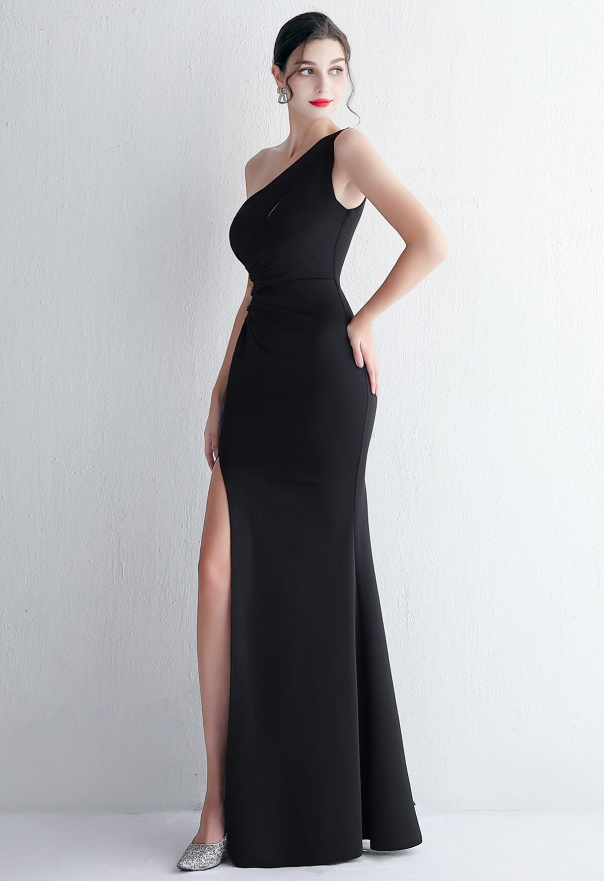 One Shoulder Cutout Slit Gown in Black - Retro, Indie and Unique Fashion
