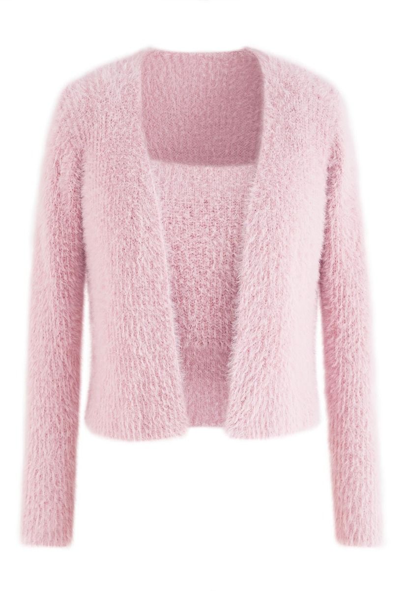 Extra Soft Fuzzy Knit Cami Top and Cardigan Set in Pink - Retro