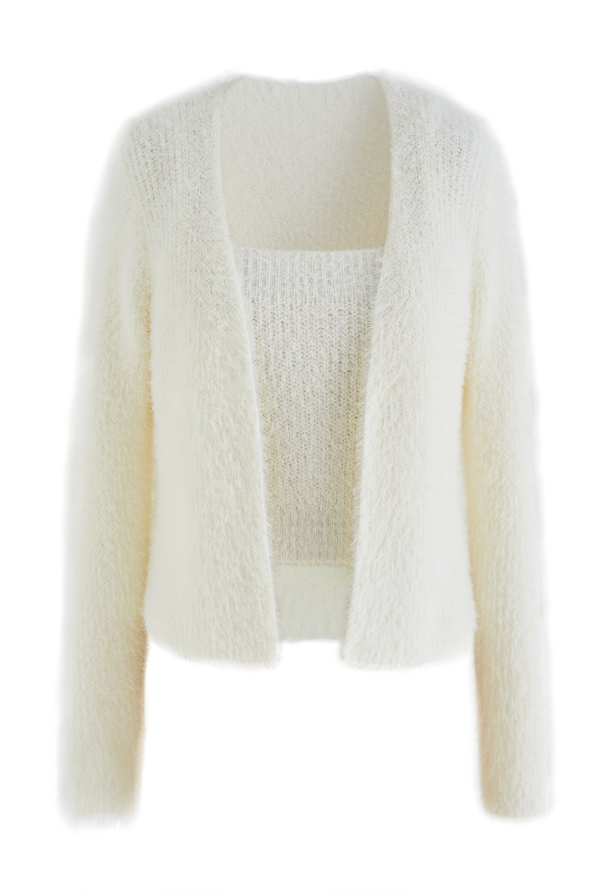 Extra Soft Fuzzy Knit Cami Top and Cardigan Set in Cream - Retro