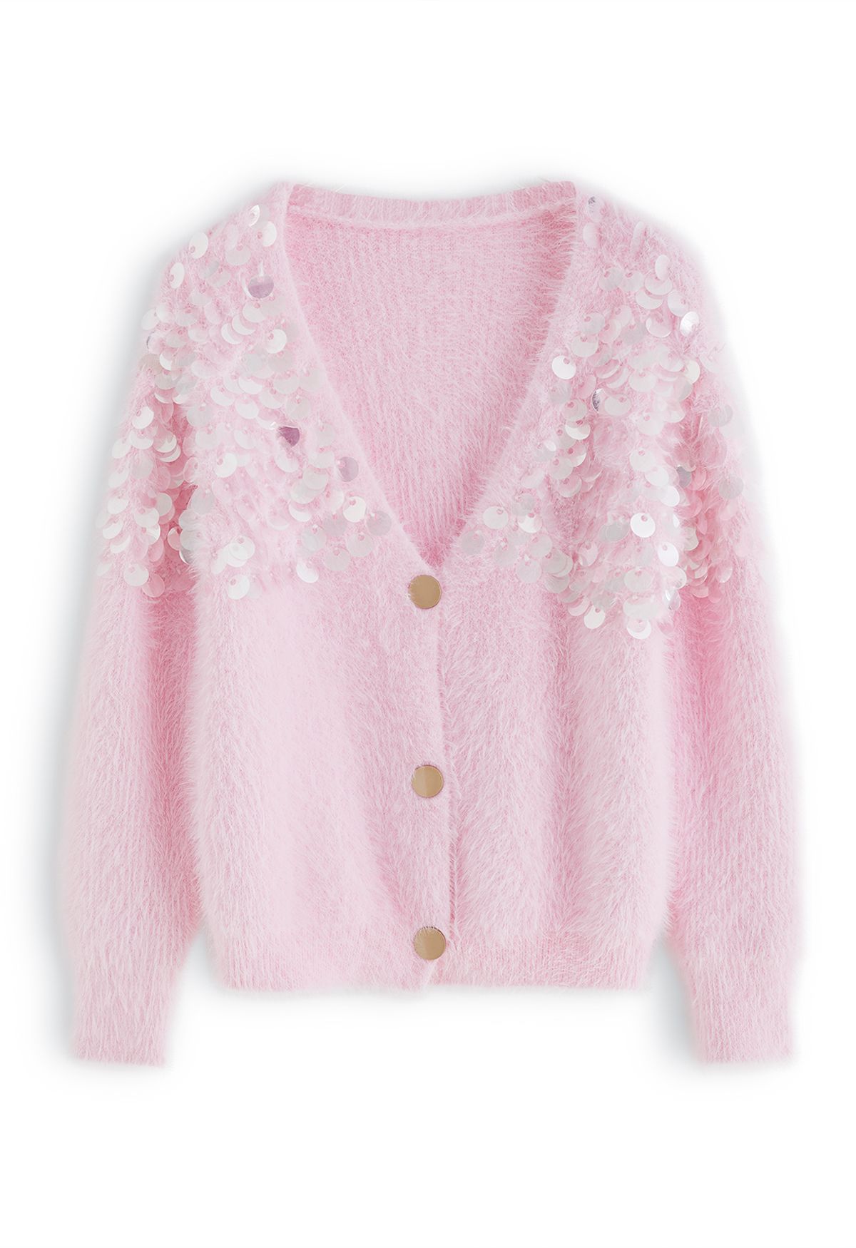 Sequins Indie in Fluffy Retro, Cardigan Crop Fashion and - Unique Buttoned V-Neck Pink