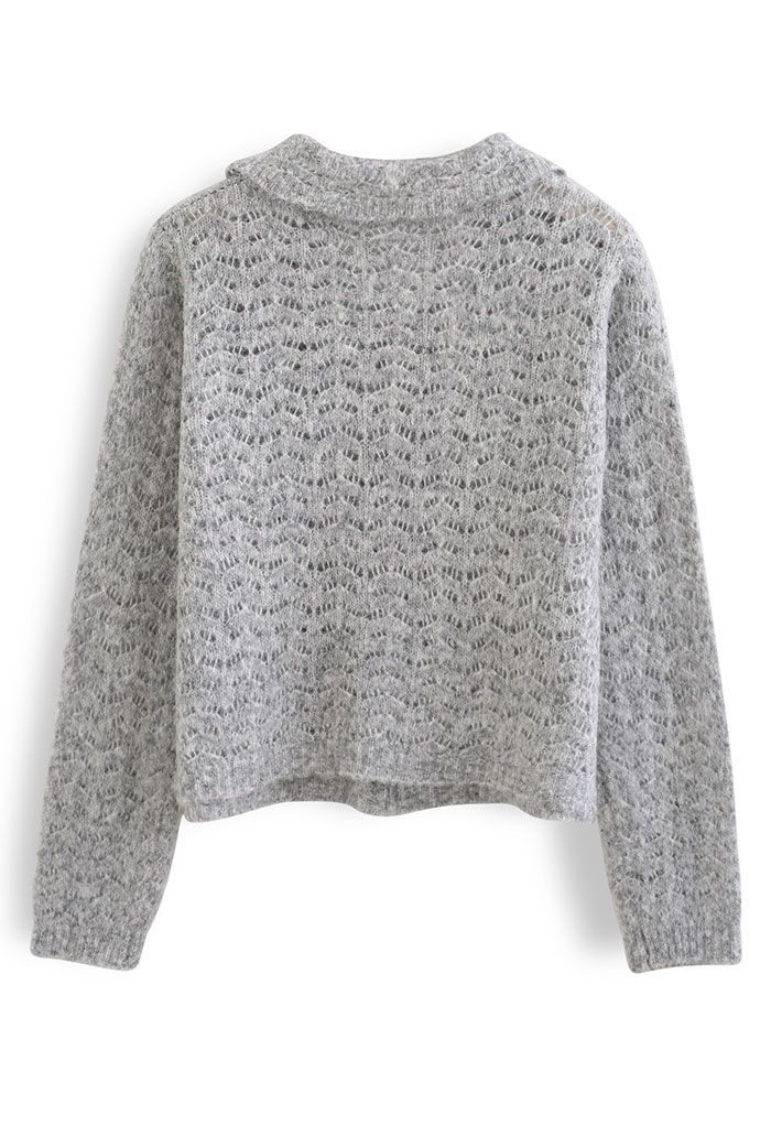 Hollow Out Collared Cropped Knit Cardigan in Grey - Retro, Indie and ...