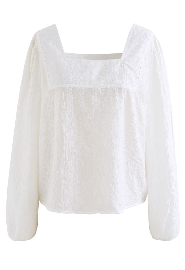 Square Neck Long Sleeve Top in White