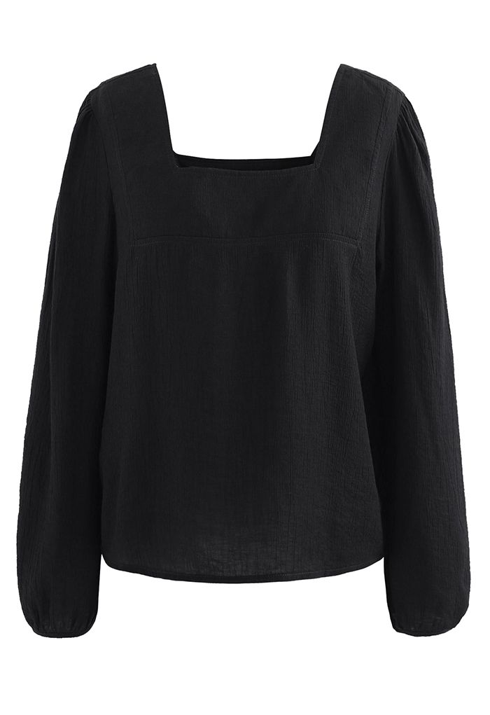 Crepe Square-Neck Puff-Sleeve Top