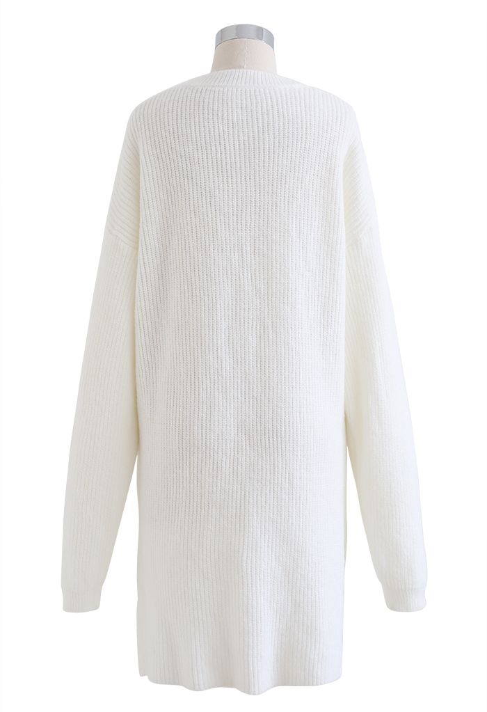 Crew Neck Rib Knit Sweater Dress in White