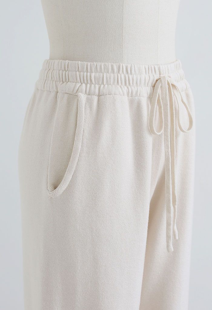 Knitted Drawstring Waist Tapered Joggers in Ivory - Retro, Indie and ...