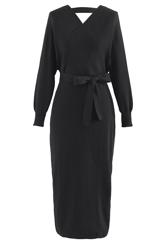 Batwing Sleeve Wrapped Midi Knit Dress in Black - Retro, Indie and ...