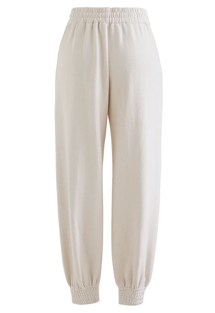 Knitted Drawstring Waist Tapered Joggers in Ivory