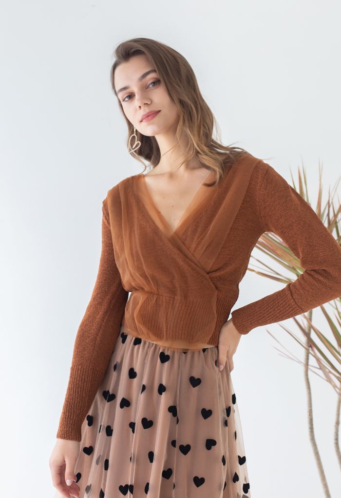 Mesh Overlay Long Sleeve Wrap Crop Knit Top in Caramel - Retro, Indie and  Unique Fashion