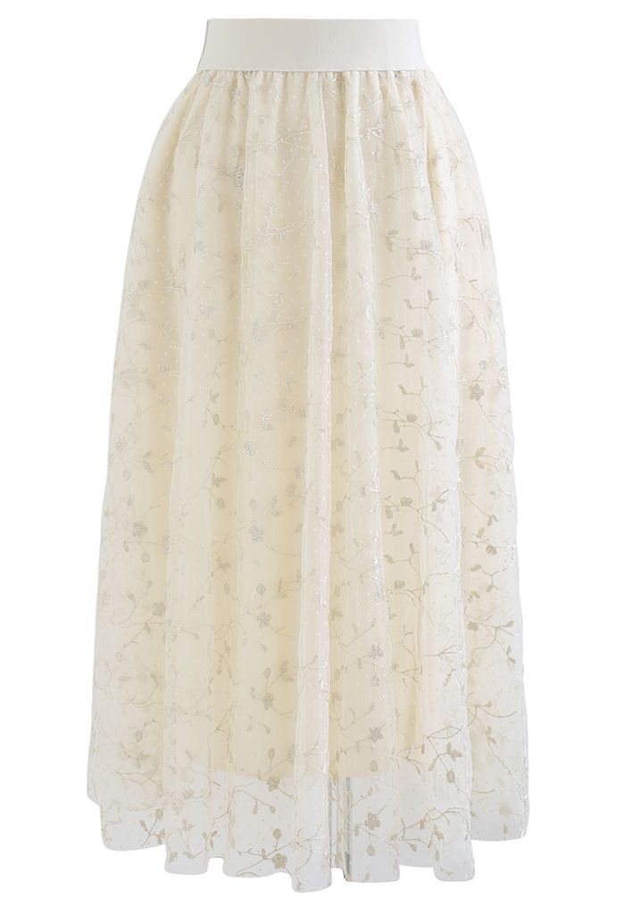 Embroidered Vine Flock Dots Mesh Midi Skirt in Cream - Retro, Indie and ...