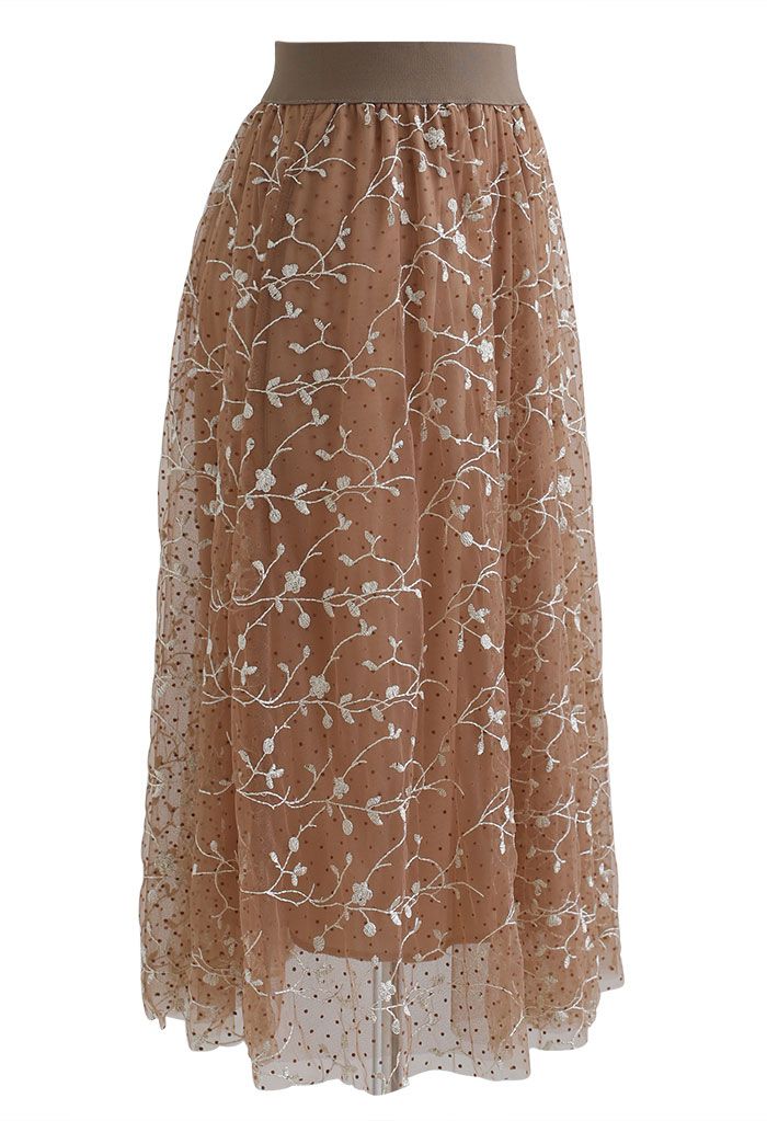 Embroidered Vine Flock Dots Mesh Midi Skirt in Caramel - Retro, Indie ...