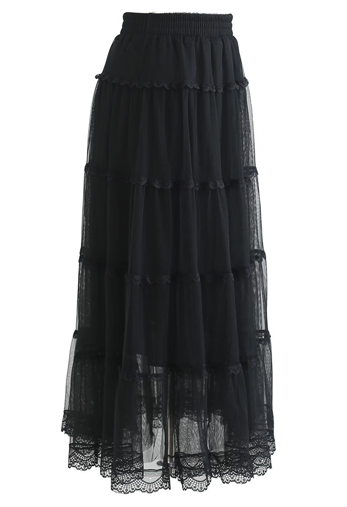 Scalloped Lace Double-Layered Mesh Tulle Skirt in Black - Retro, Indie ...