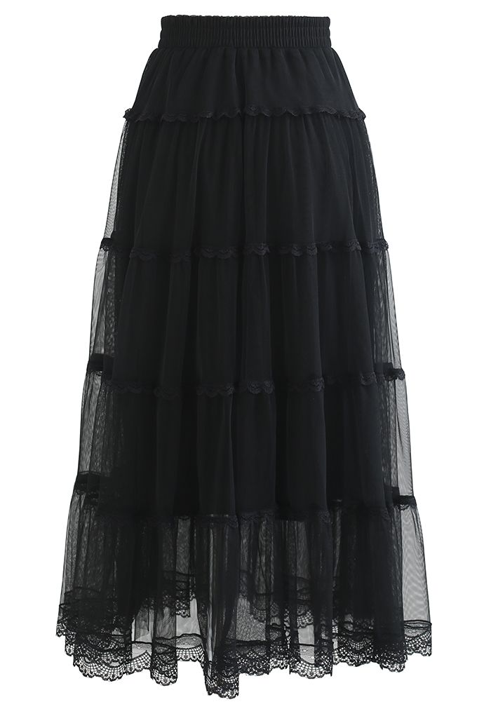 Scalloped Lace Double-Layered Mesh Tulle Skirt in Black - Retro, Indie ...