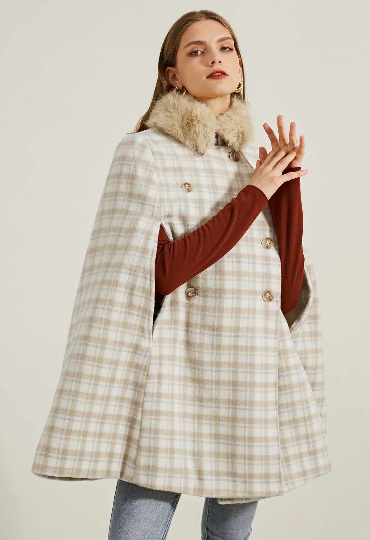 Plaid Faux Fur Collar Double-Breasted Cape Coat - Retro, Indie and ...