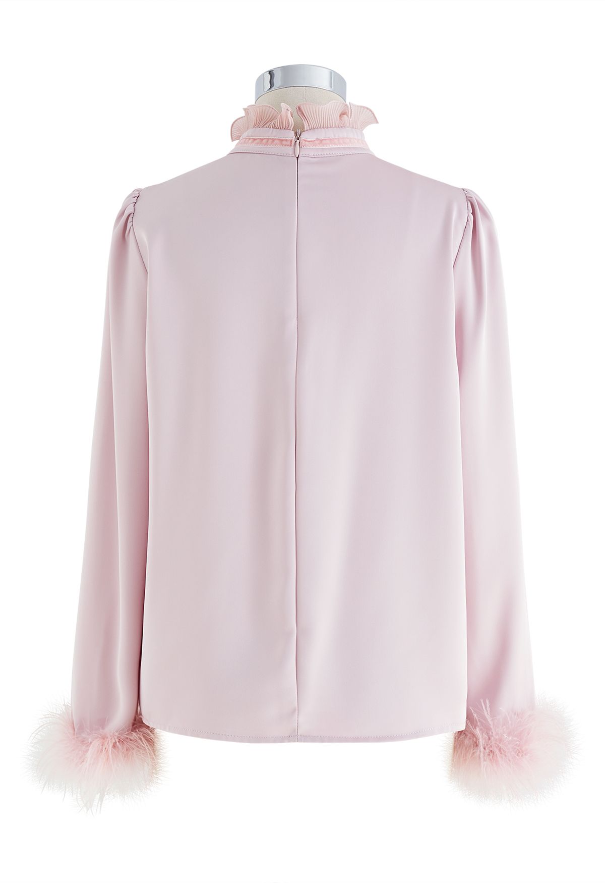 Ruffled Neckline Feathered Cuffs Satin Shirt in Pink