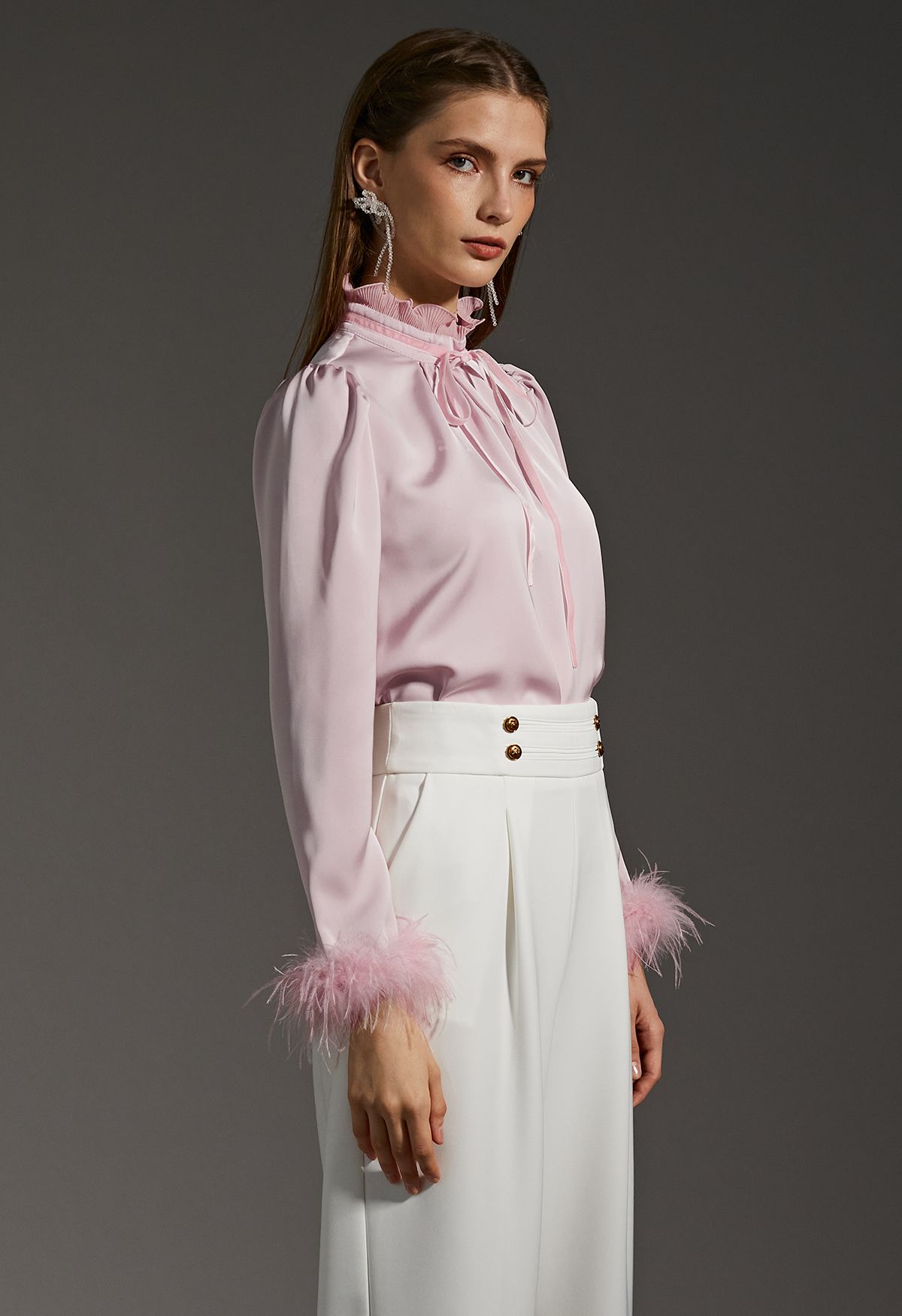 Ruffled Neckline Feathered Cuffs Satin Shirt in Pink