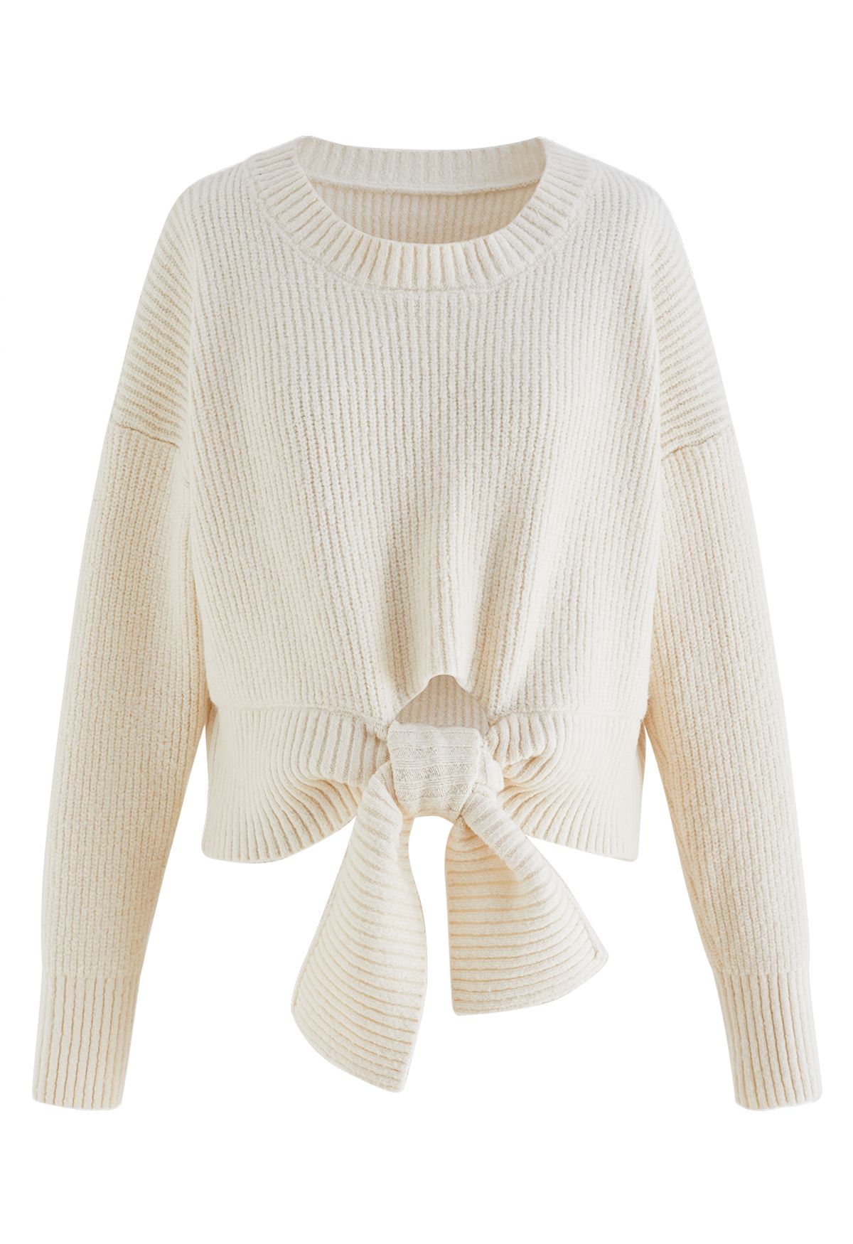 Self-Tie Knot Round Neck Knit Sweater in Cream