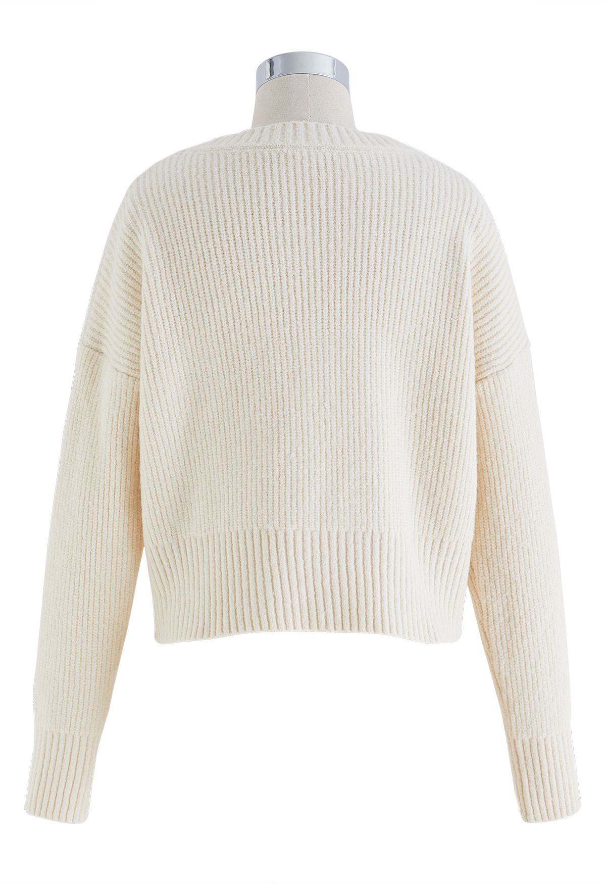 Self-Tie Knot Round Neck Knit Sweater in Cream