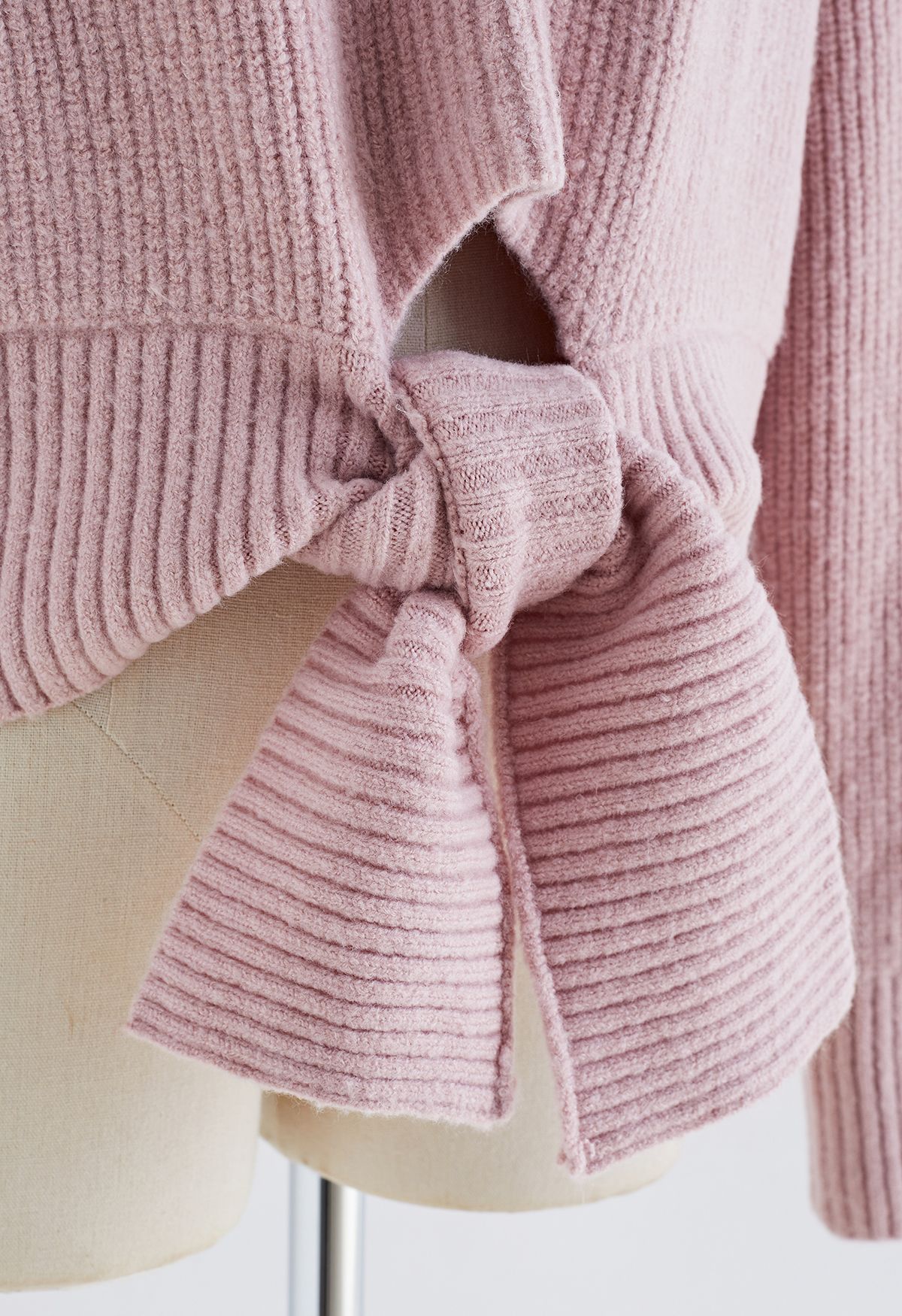 Self-Tie Knot Round Neck Knit Sweater in Pink