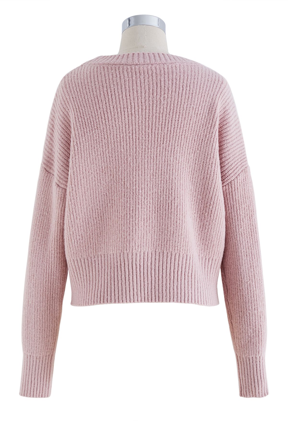 Self-Tie Knot Round Neck Knit Sweater in Pink