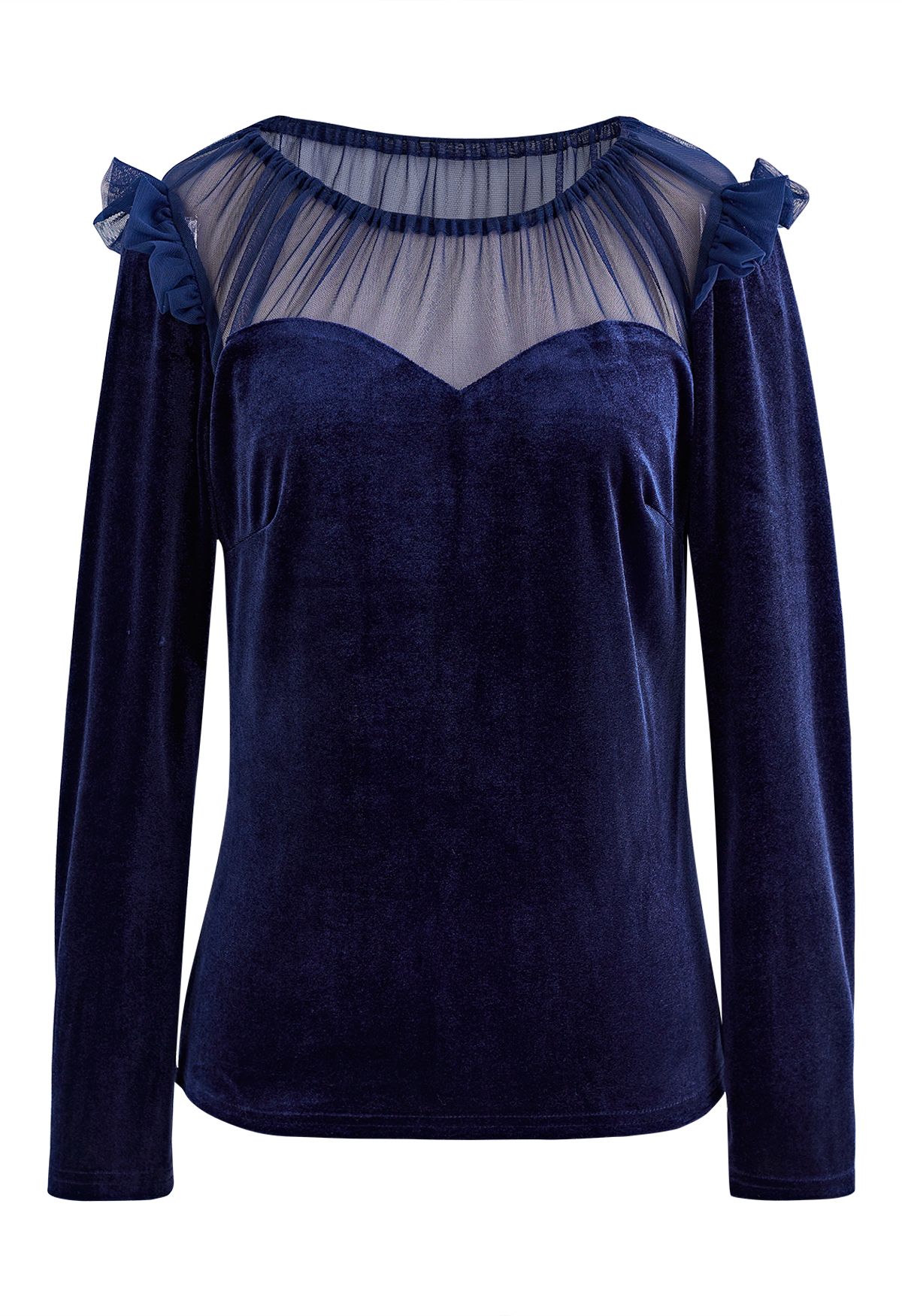 Royal Mesh Inserted Velvet Top in Navy