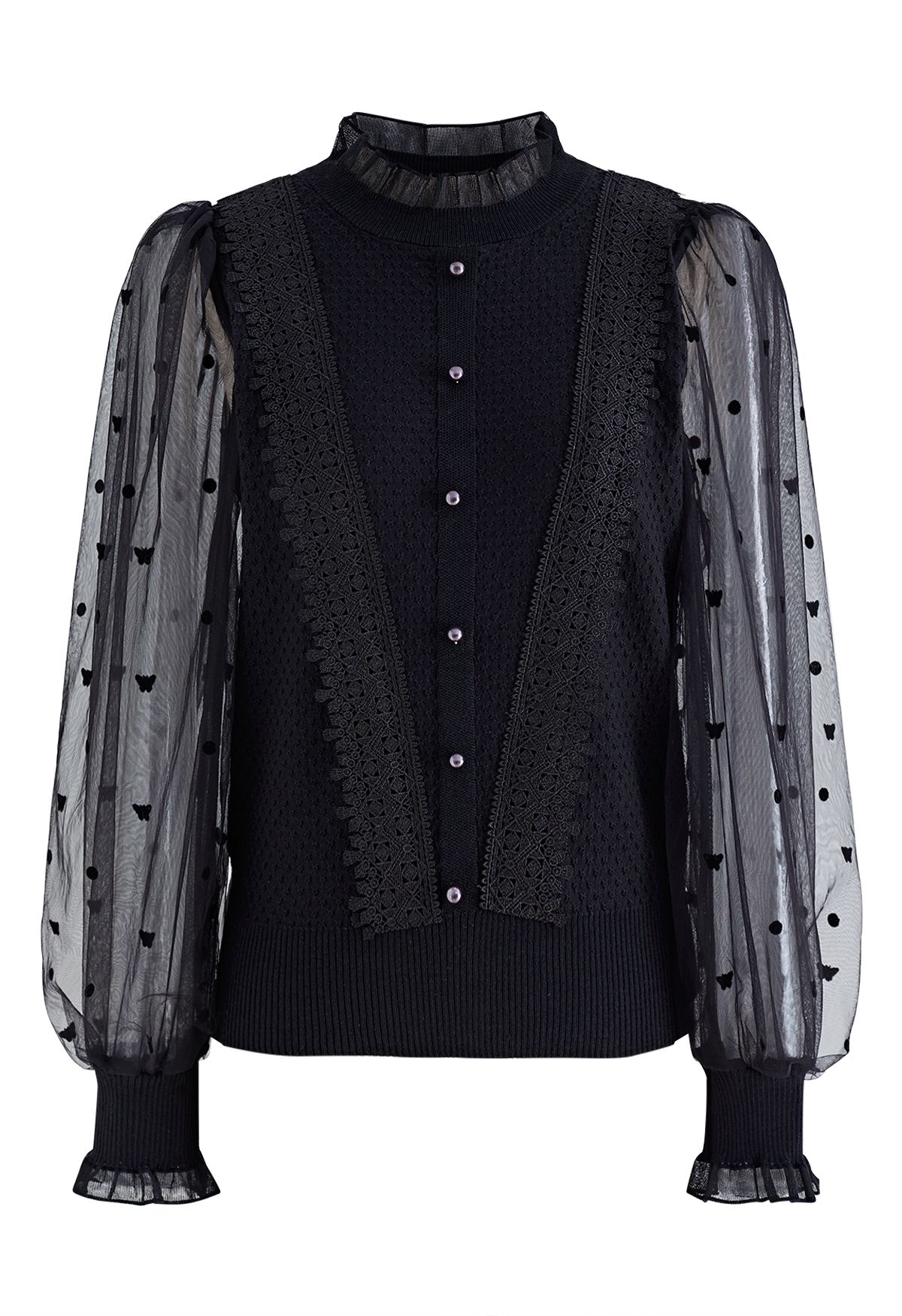 Pearly Mesh Spliced Sleeves Knit Top in Black