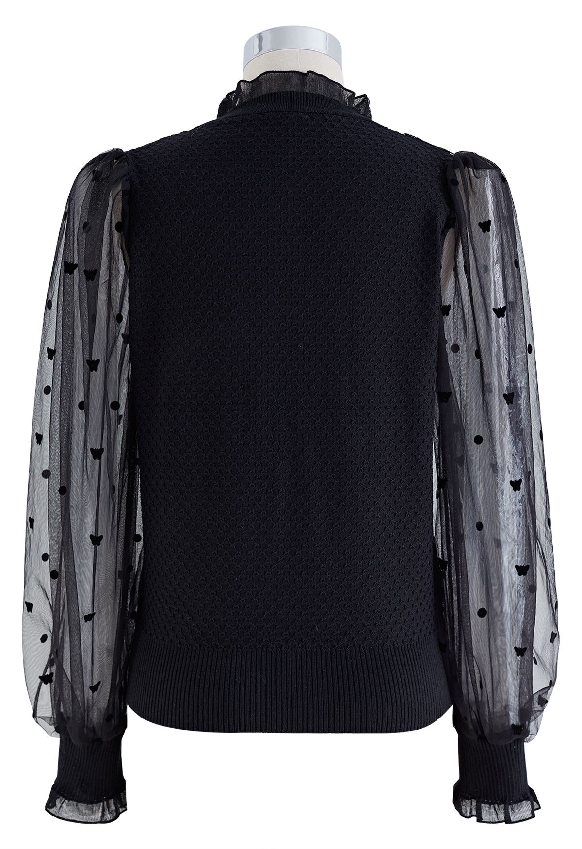 Pearly Mesh Spliced Sleeves Knit Top in Black