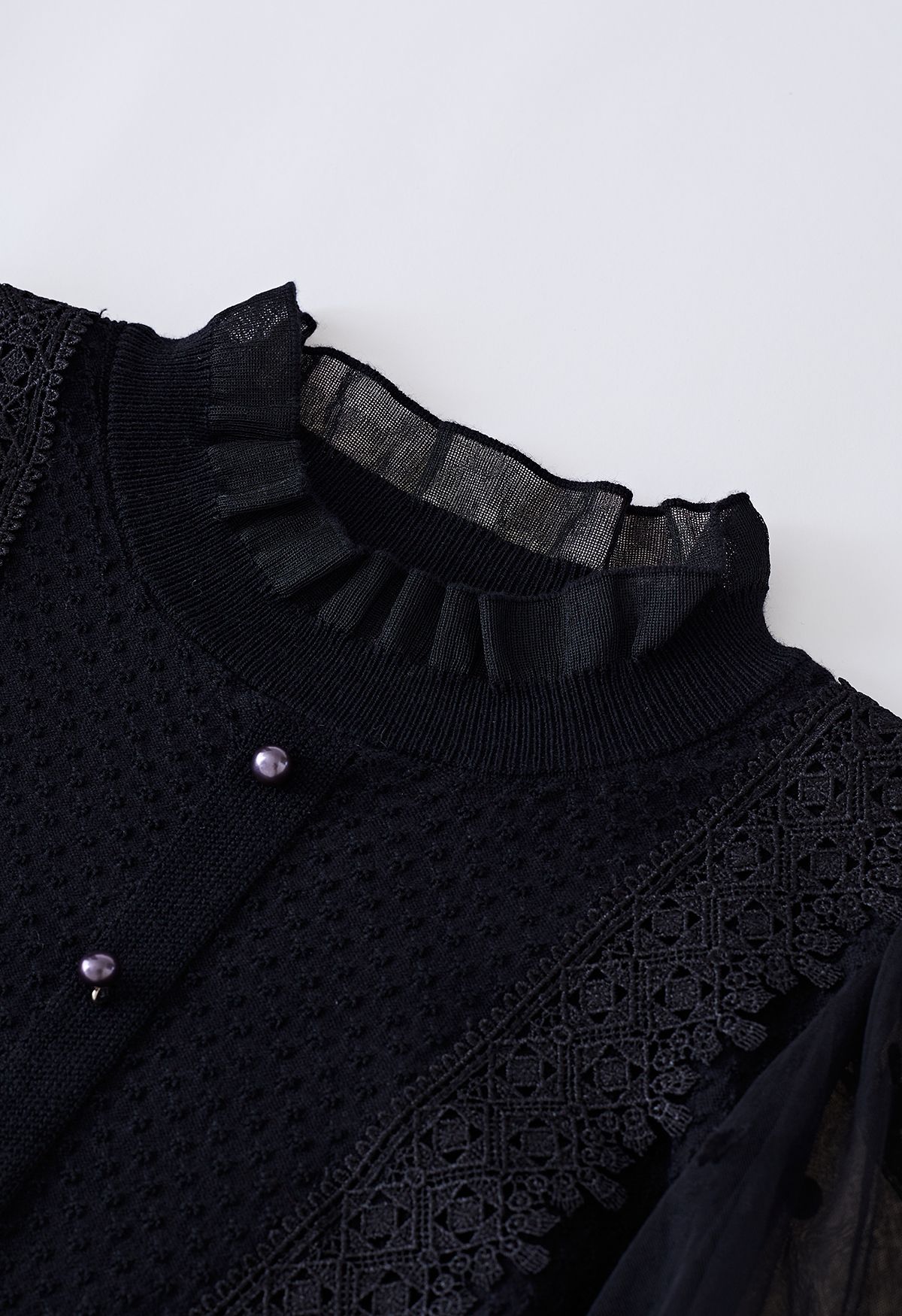 Pearly Mesh Spliced Sleeves Knit Top in Black