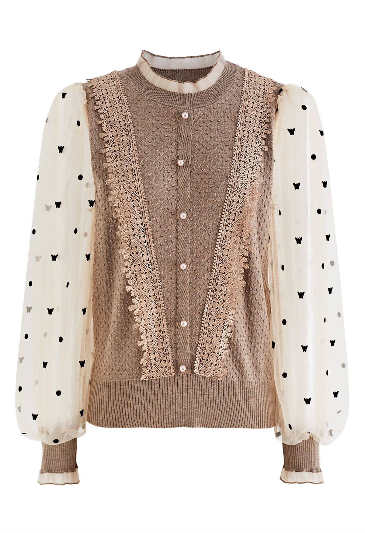 Pearly Mesh Spliced Sleeves Knit Top in Light Tan