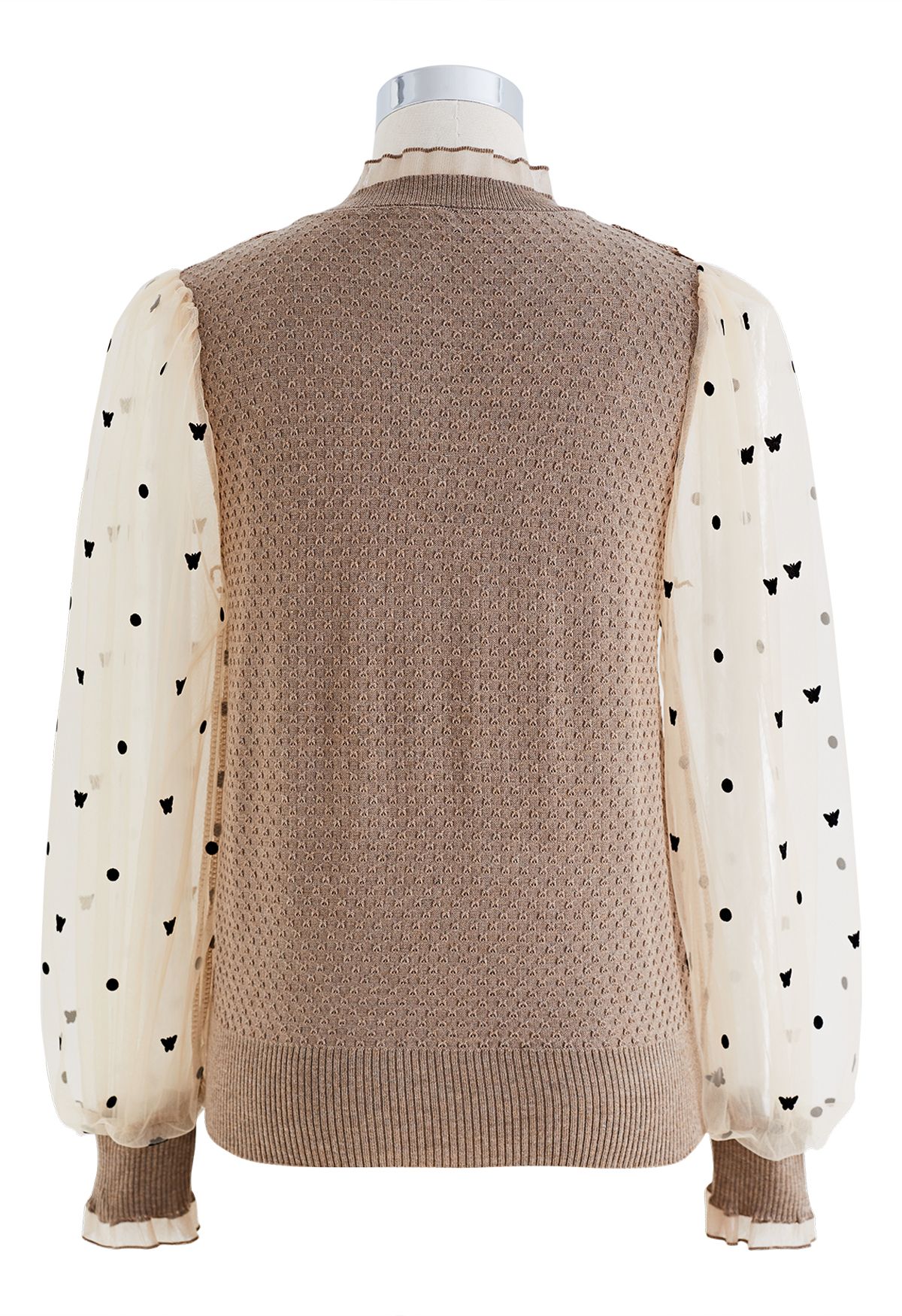 Pearly Mesh Spliced Sleeves Knit Top in Light Tan