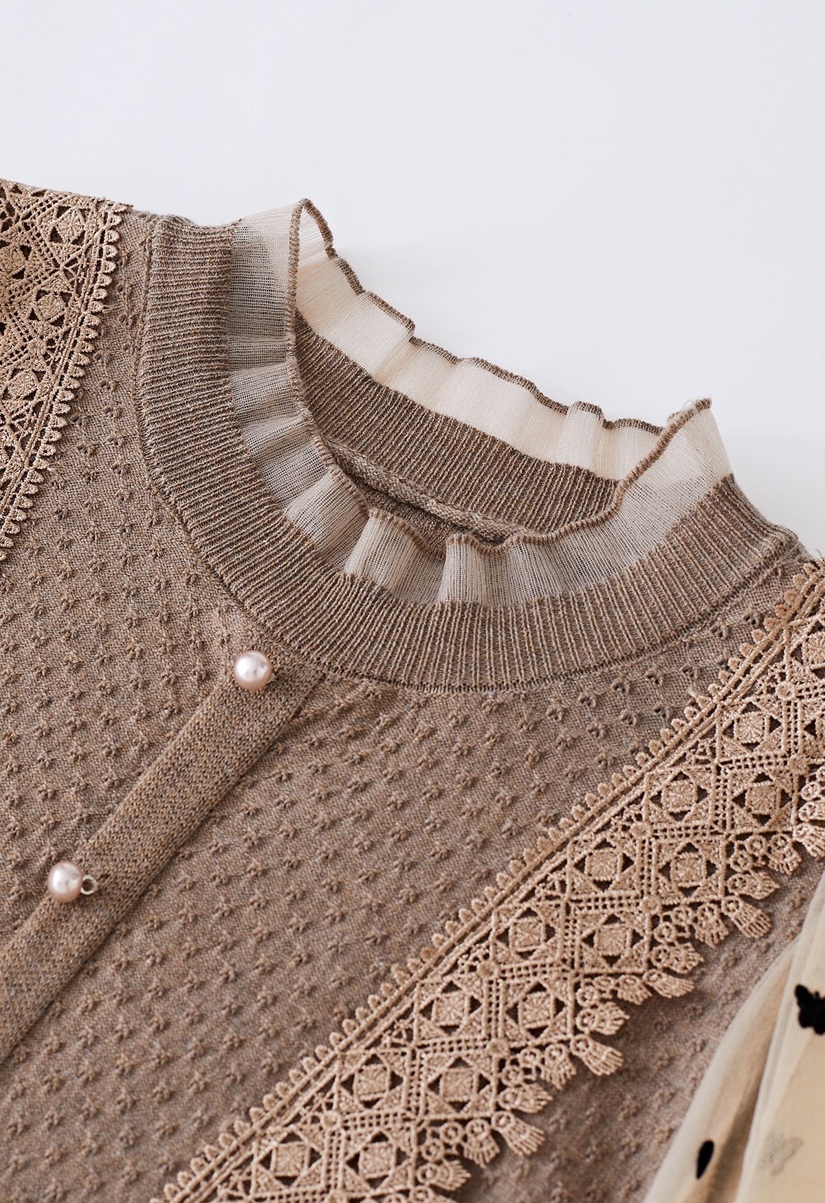 Pearly Mesh Spliced Sleeves Knit Top in Light Tan