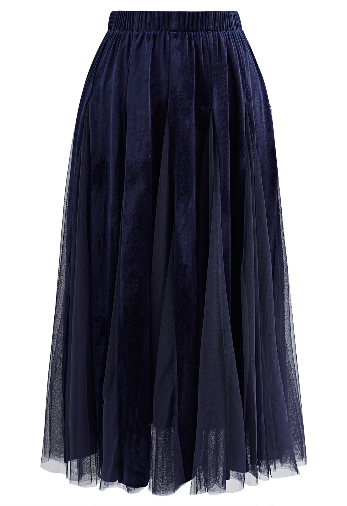 Mesh Velvet Panelled Midi Skirt in Navy