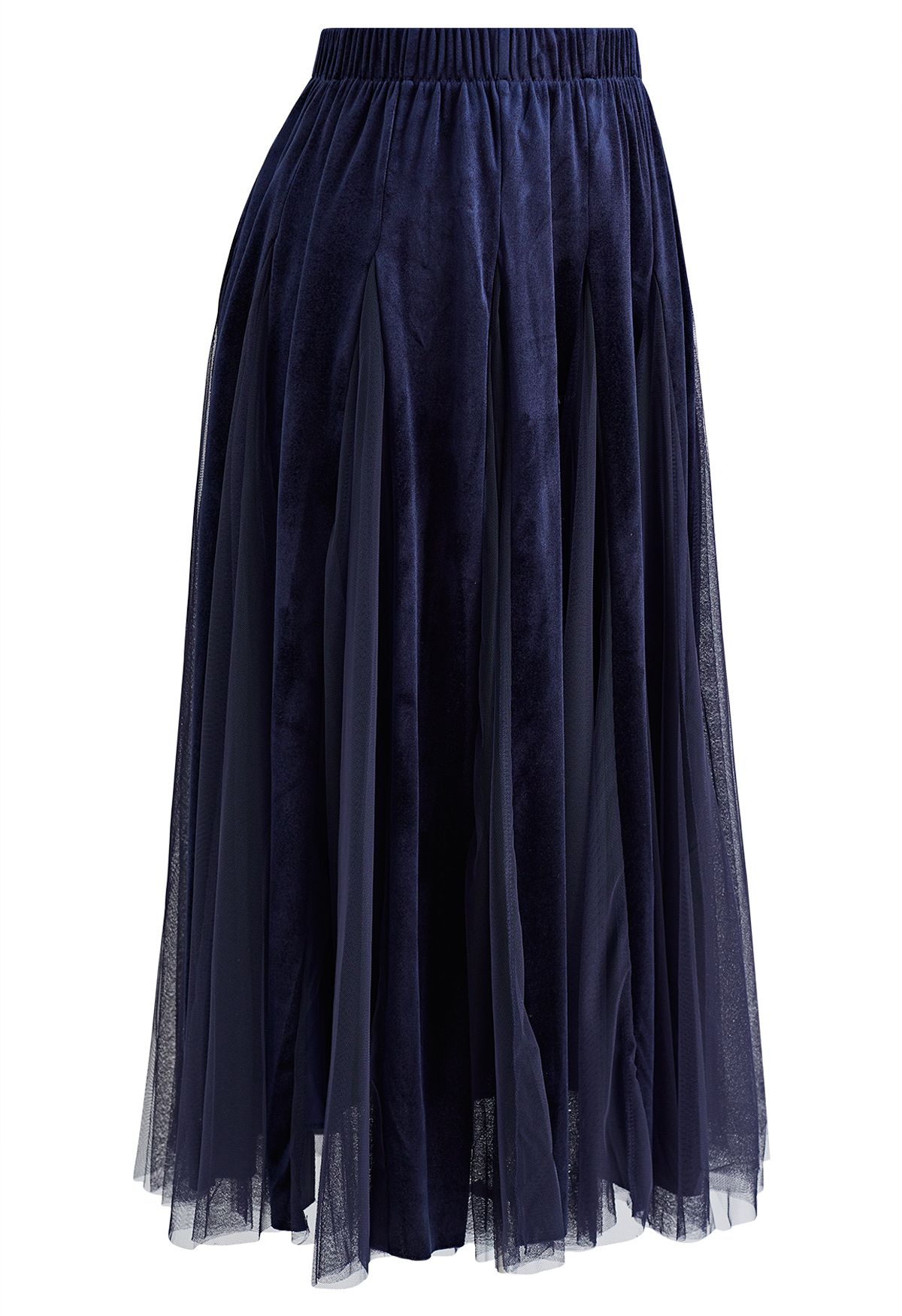 Mesh Velvet Panelled Midi Skirt in Navy