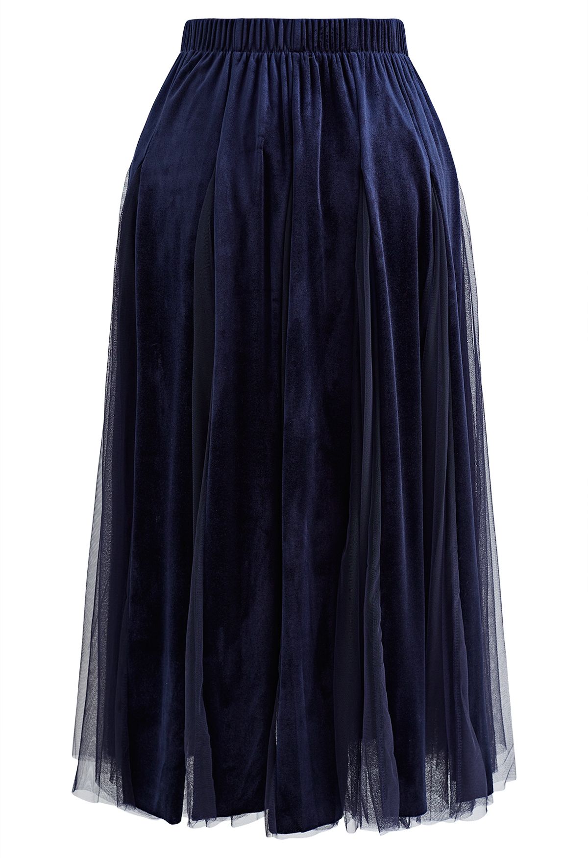 Mesh Velvet Panelled Midi Skirt in Navy