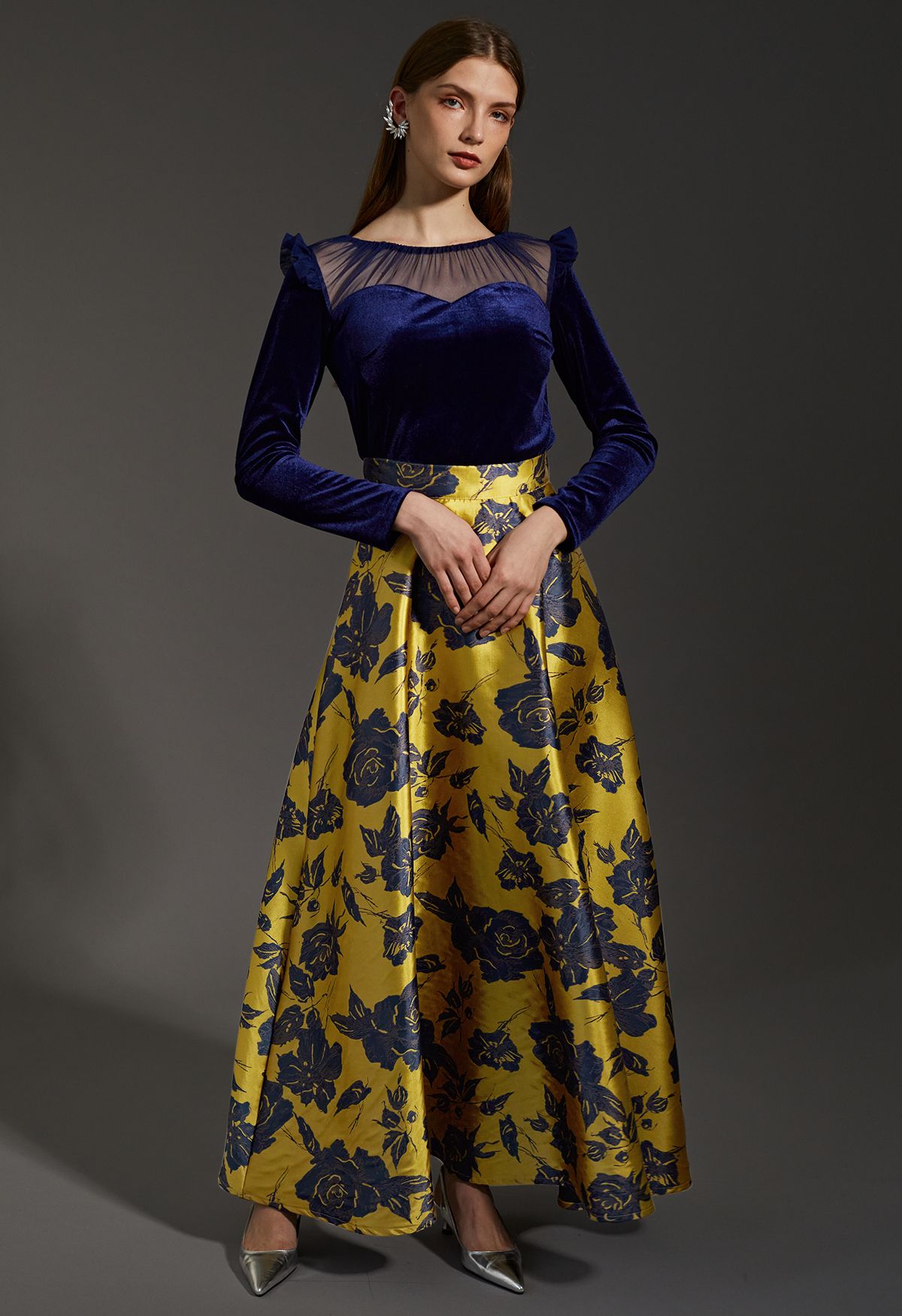 Golden Glamour Rose Jacquard Maxi Skirt