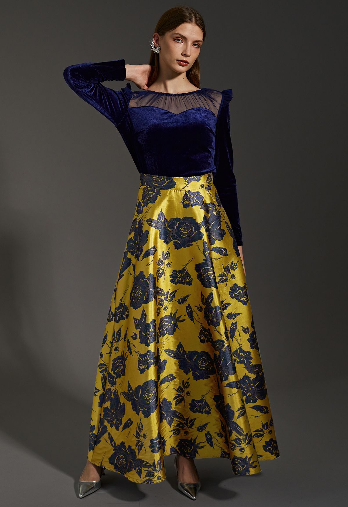 Golden Glamour Rose Jacquard Maxi Skirt