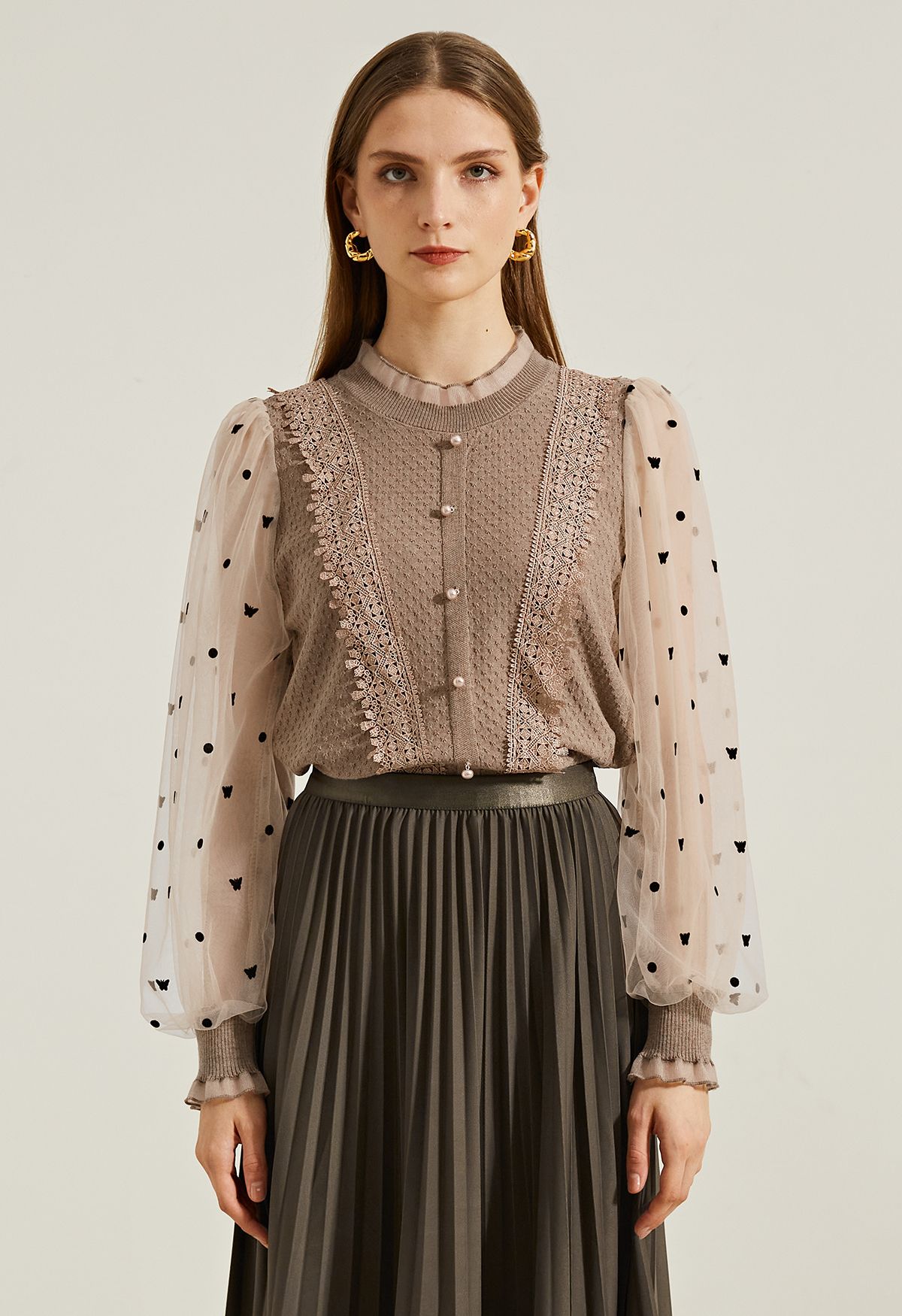 Pearly Mesh Spliced Sleeves Knit Top in Light Tan