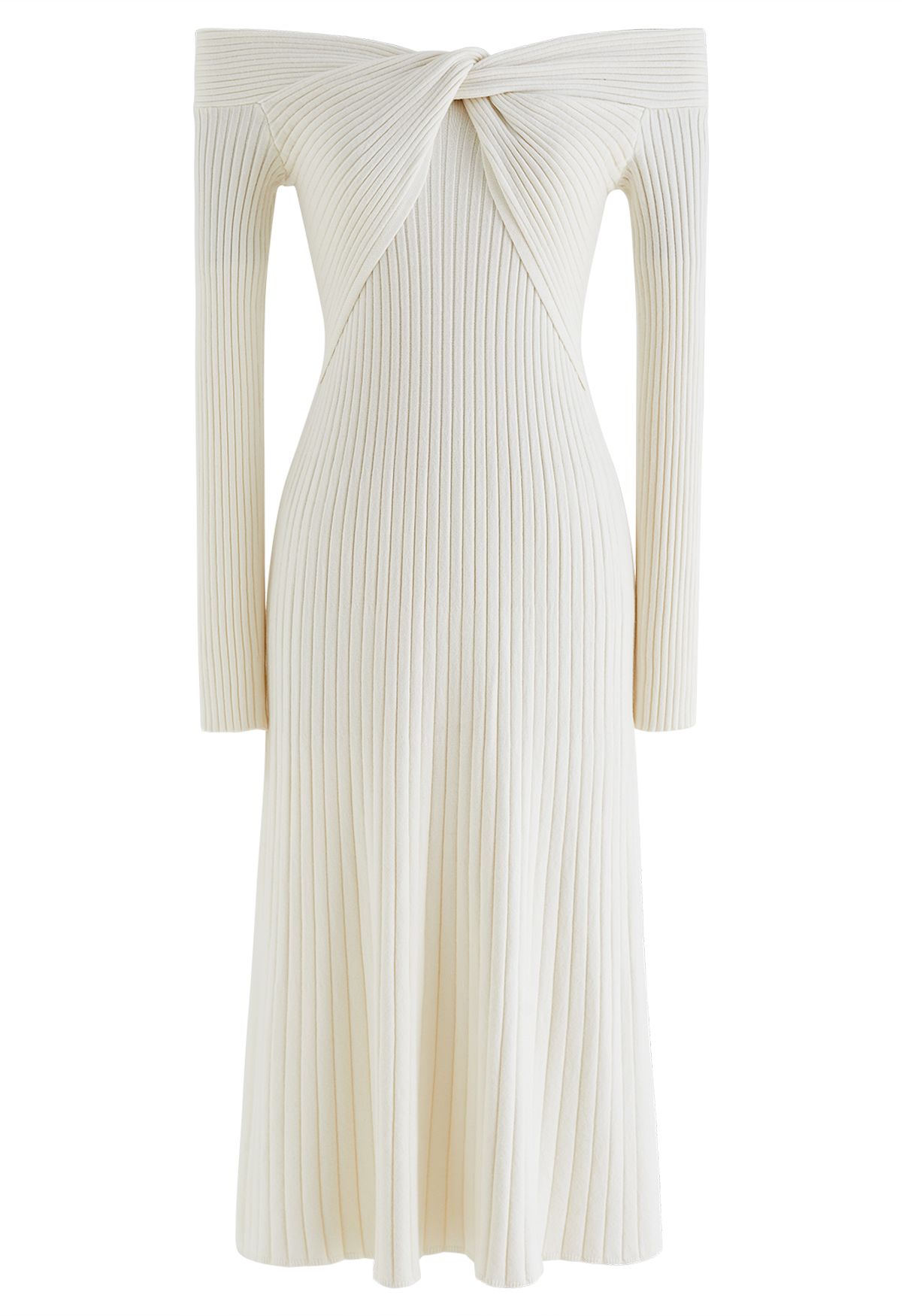 Twisted Off-Shoulder Ribbed Knit Dress in Ivory