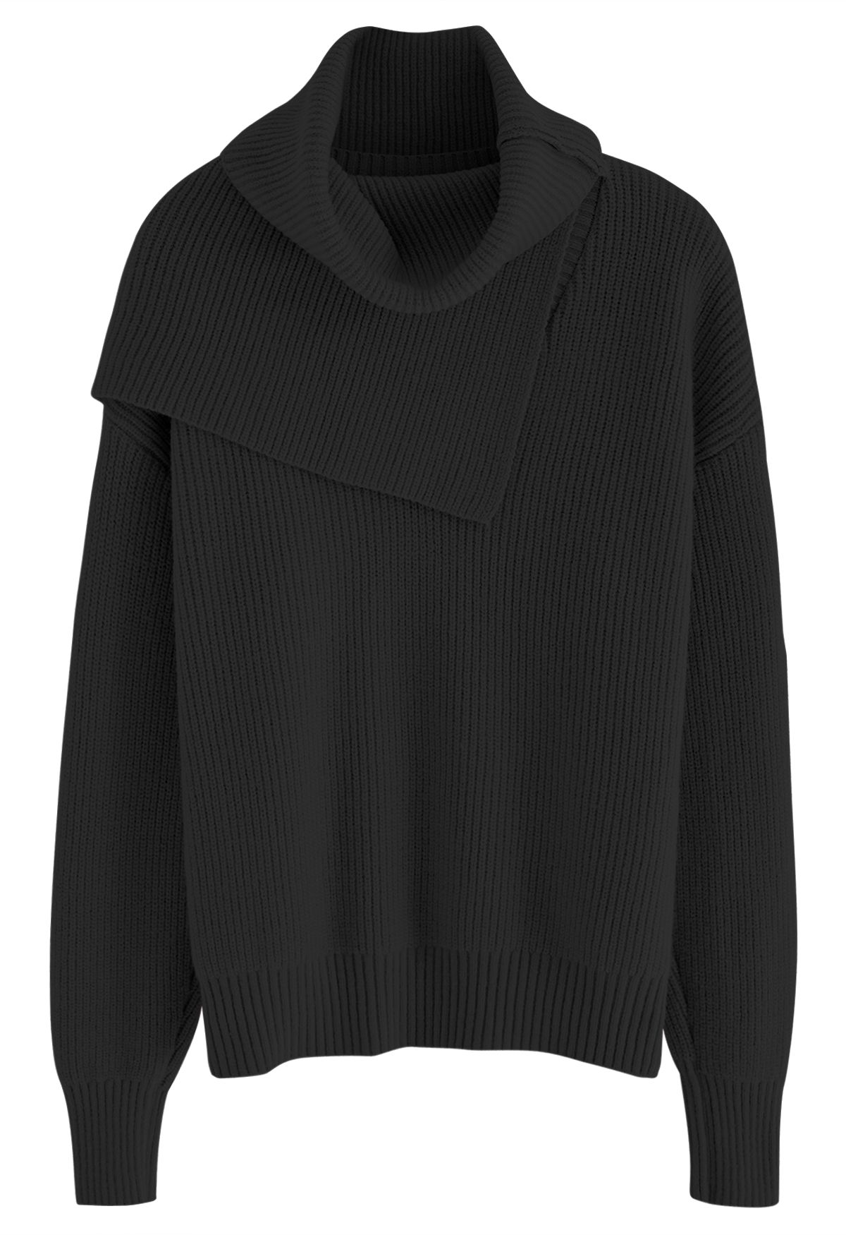 Detachable Scarf Rib Knit Sweater in Black