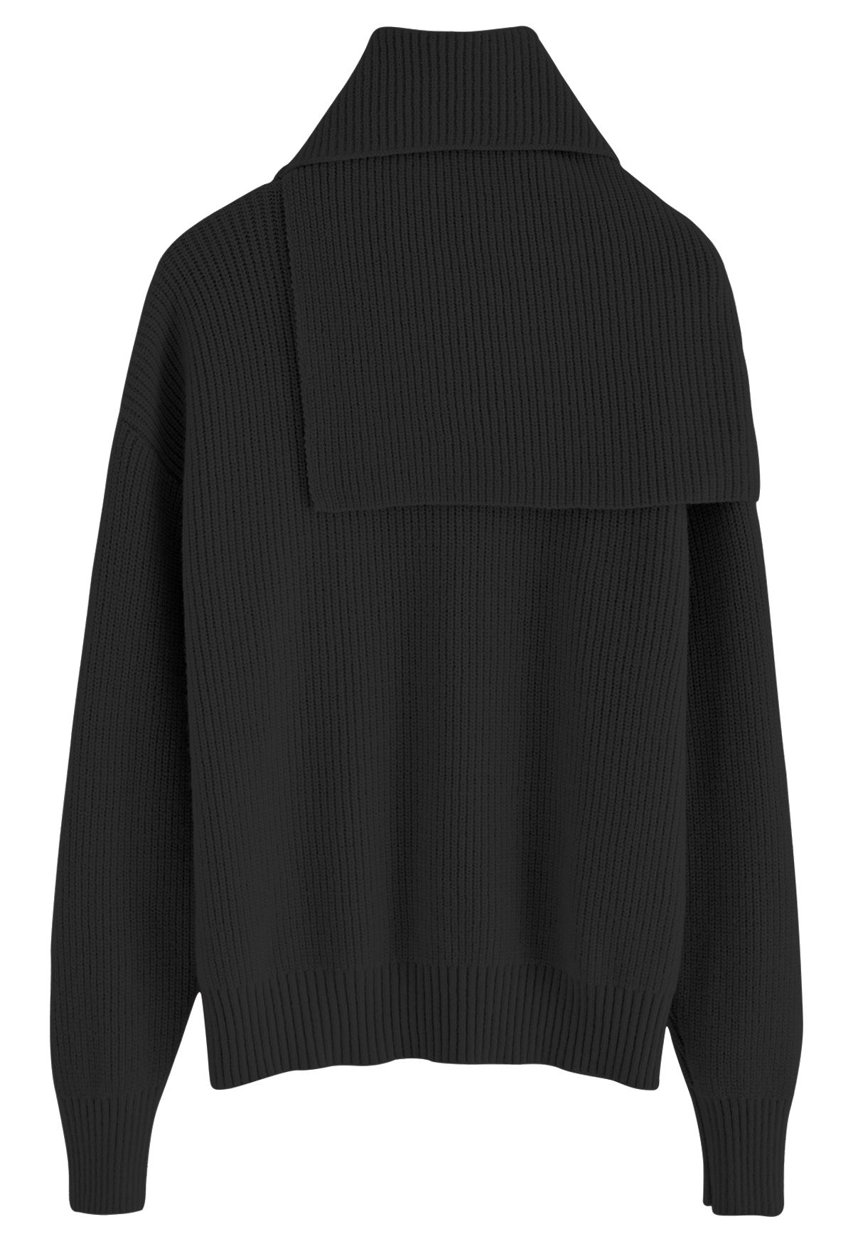 Detachable Scarf Rib Knit Sweater in Black