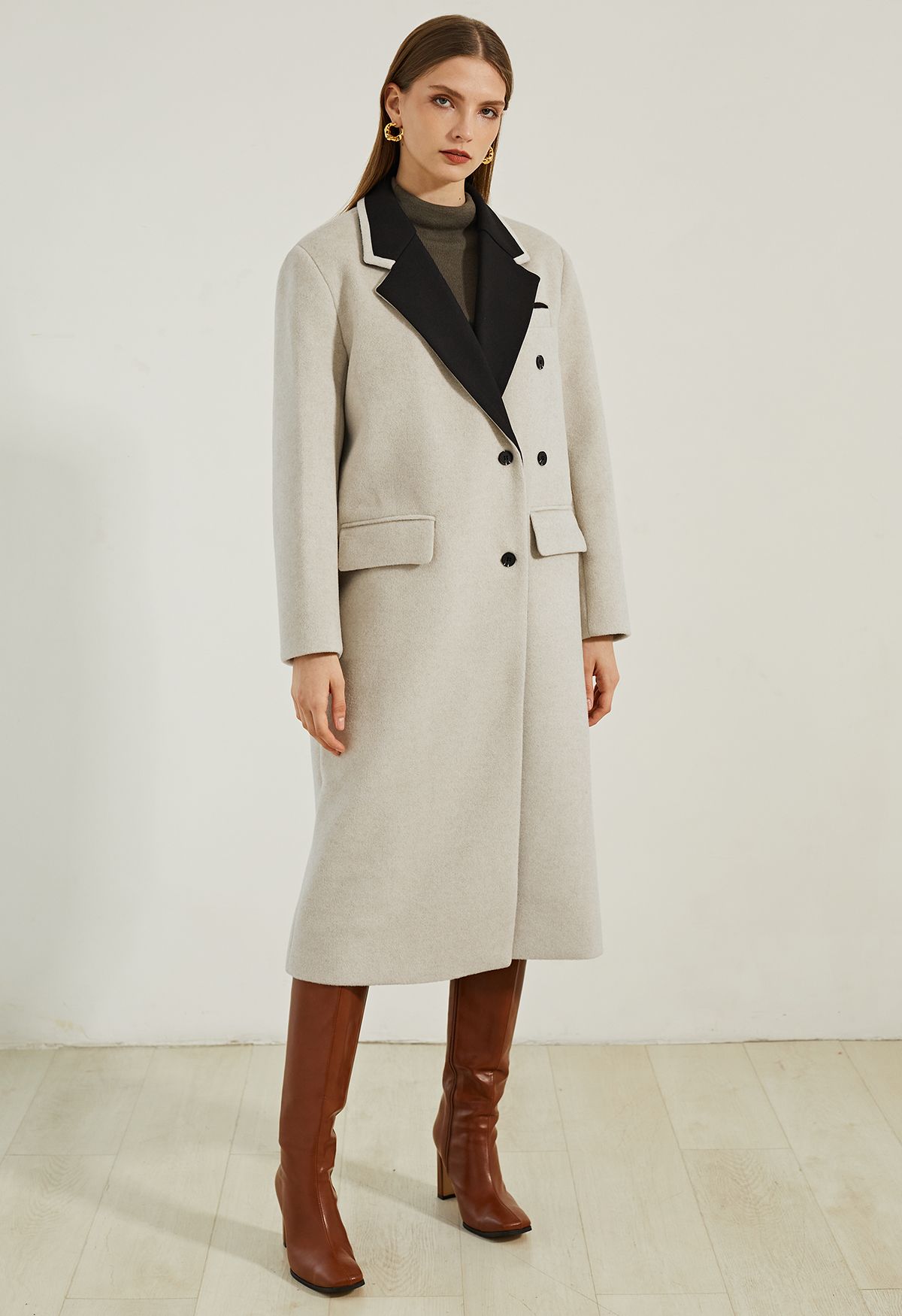 Contrast Collar Wool-Blend Longline Coat - Retro, Indie and Unique Fashion