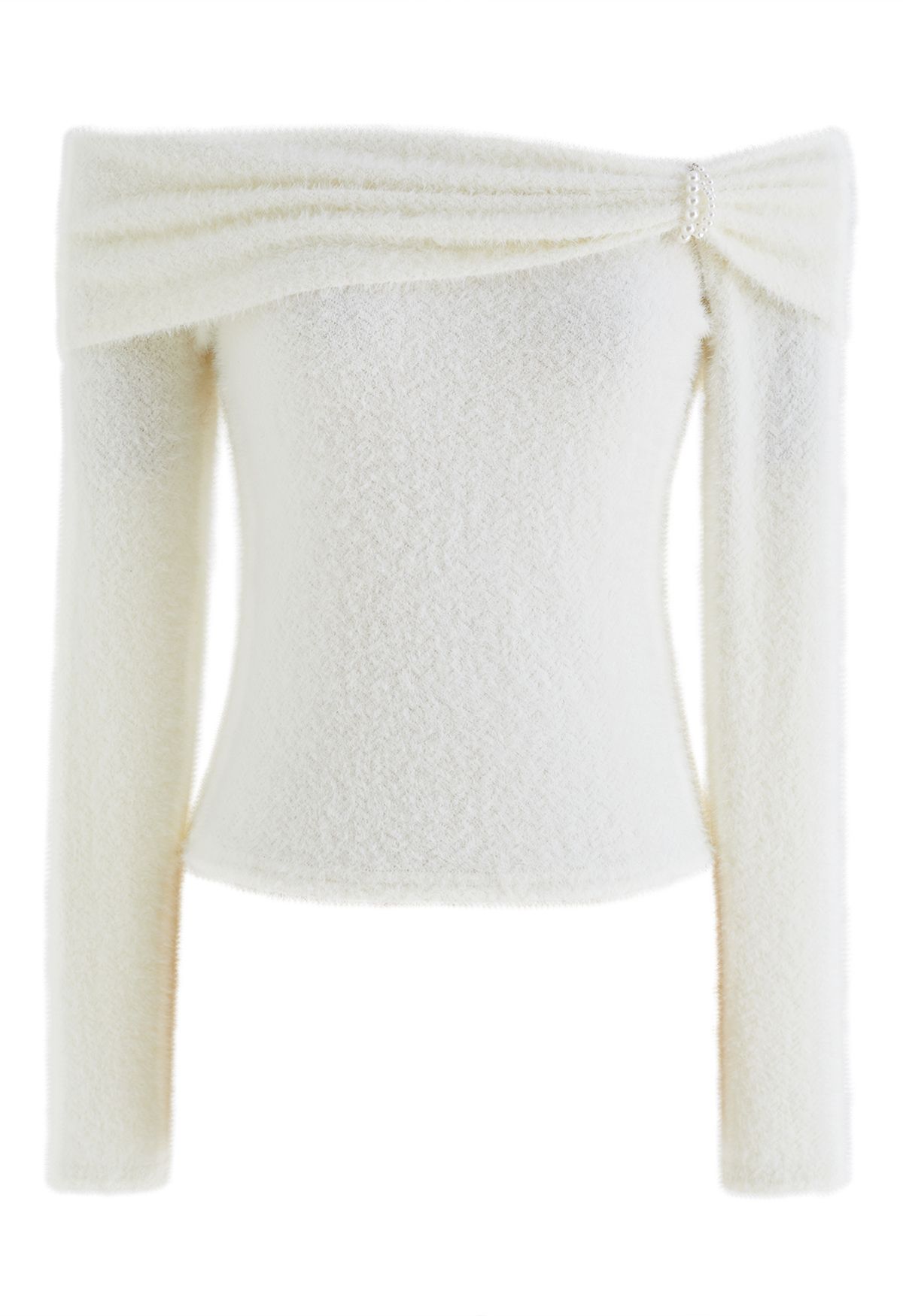 Pearl Decorated Fuzzy Knit Off-Shoulder Top in Ivory