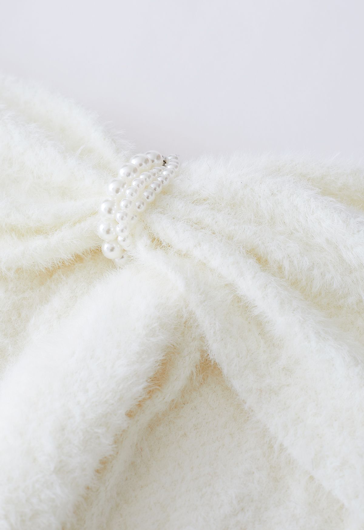 Pearl Decorated Fuzzy Knit Off-Shoulder Top in Ivory