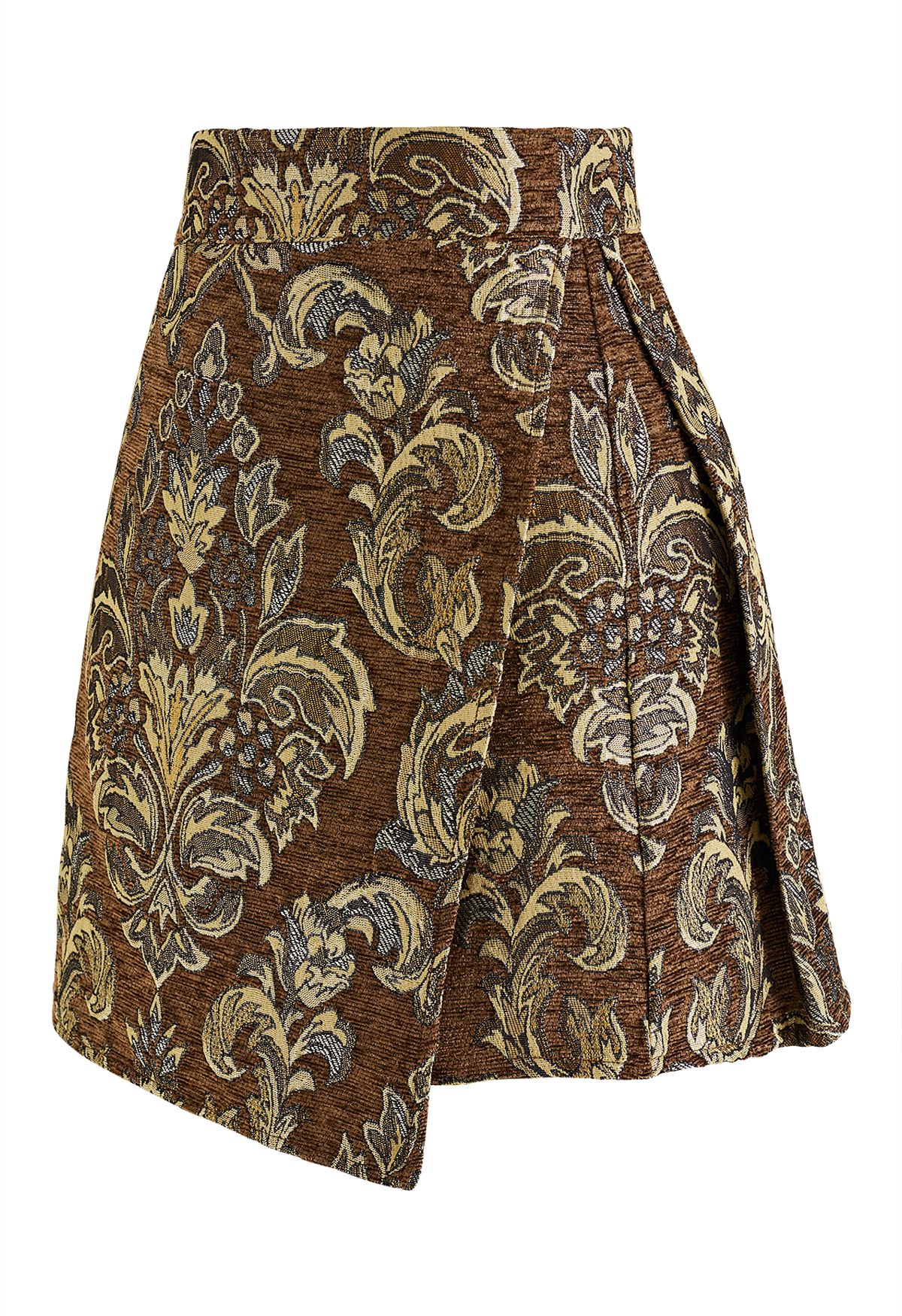 Tan Baroque Peony Jacquard Flap Mini Skirt