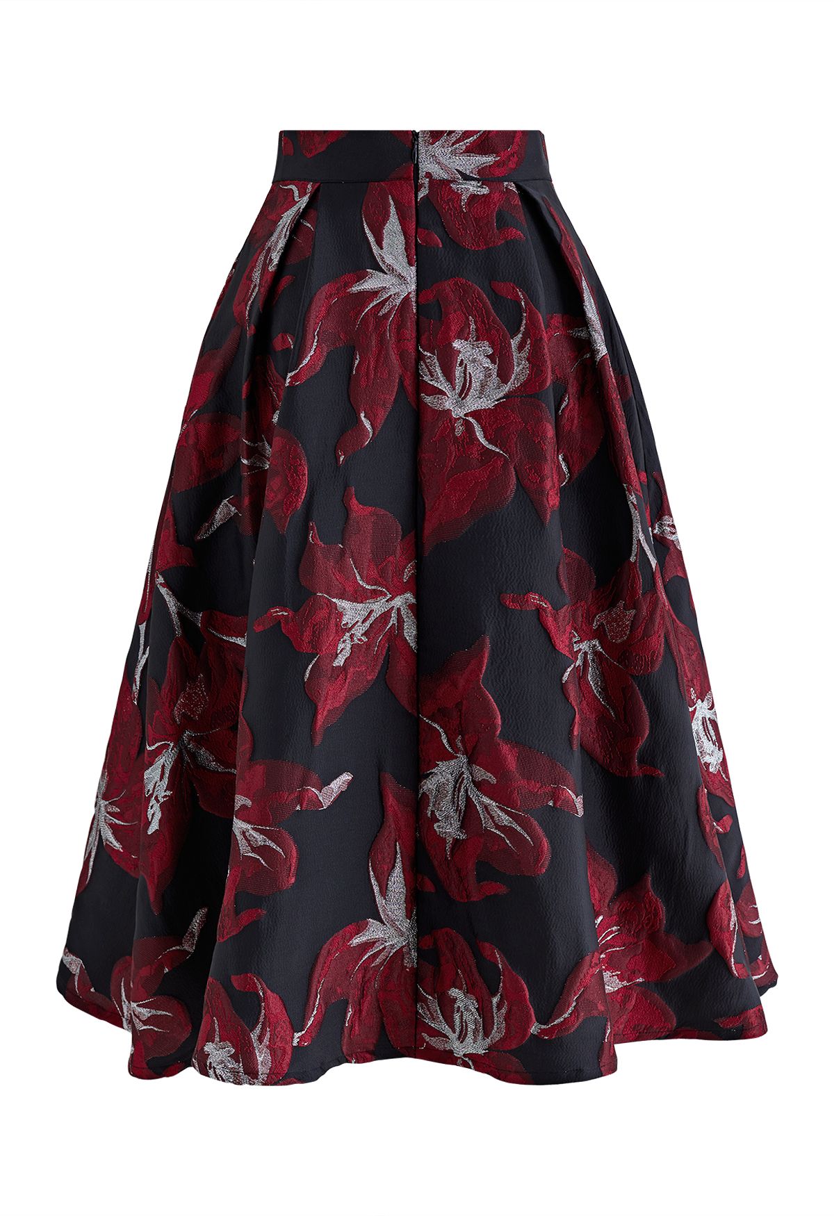 Lily Blossom Metallic Jacquard Midi Skirt in Red - Retro, Indie 