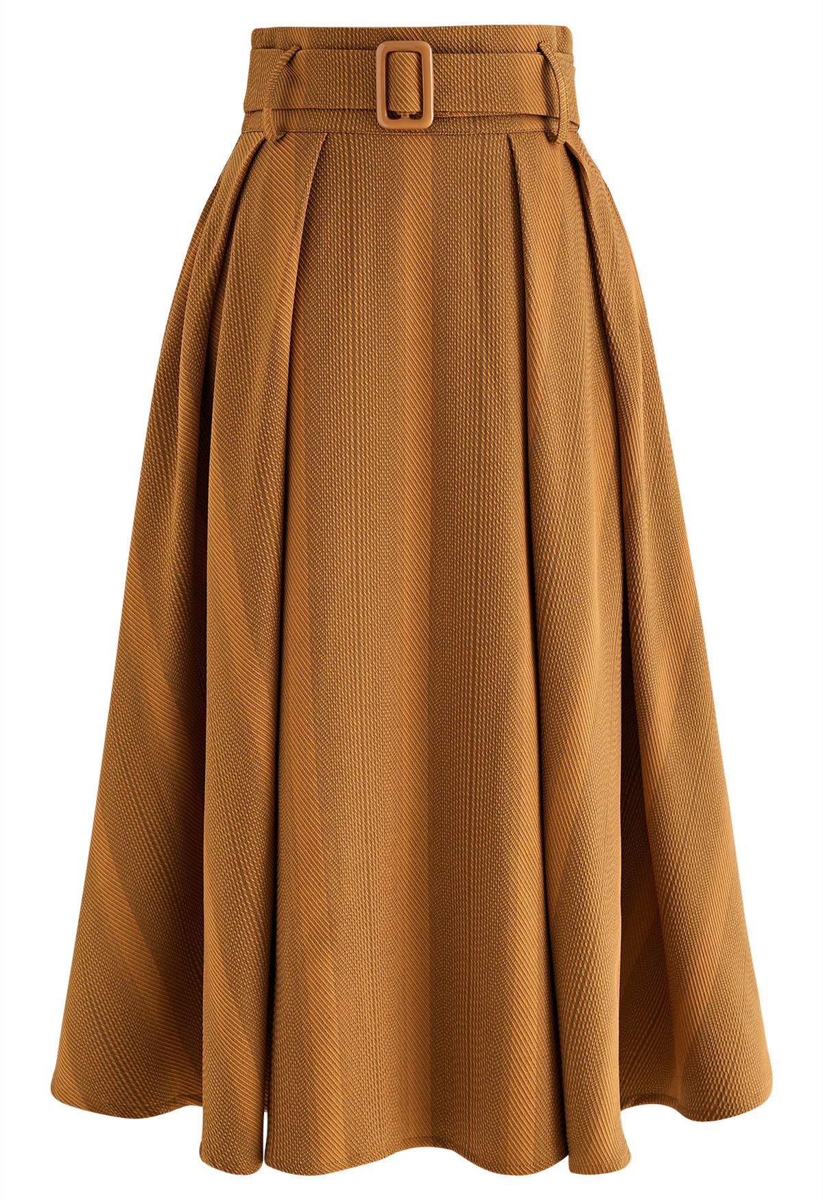 Belted Texture Flare Midi Skirt in Pumpkin