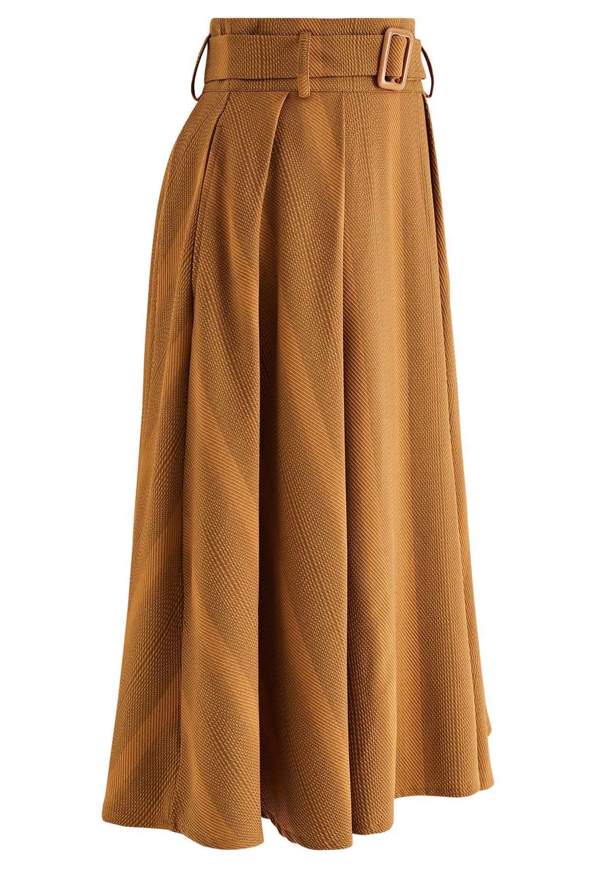 Belted Texture Flare Midi Skirt in Pumpkin