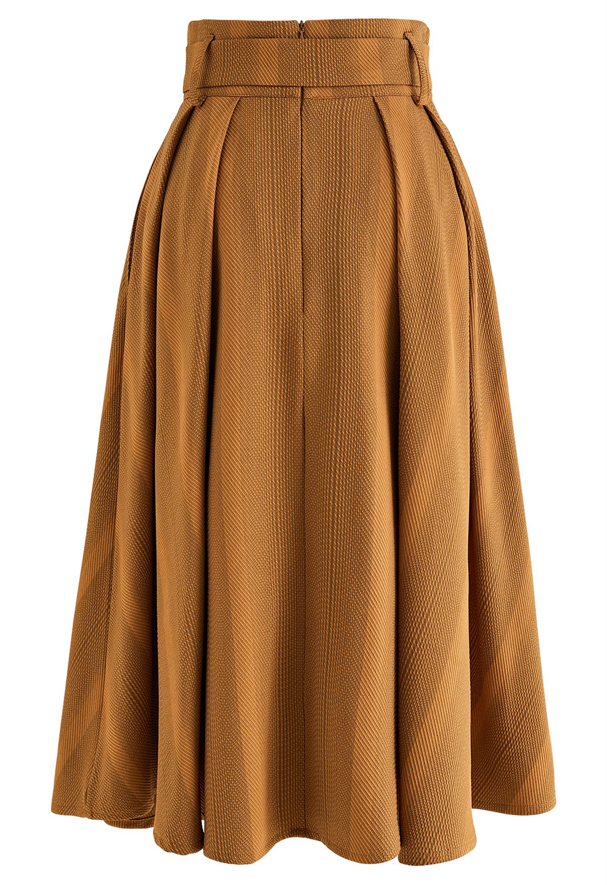 Belted Texture Flare Midi Skirt in Pumpkin